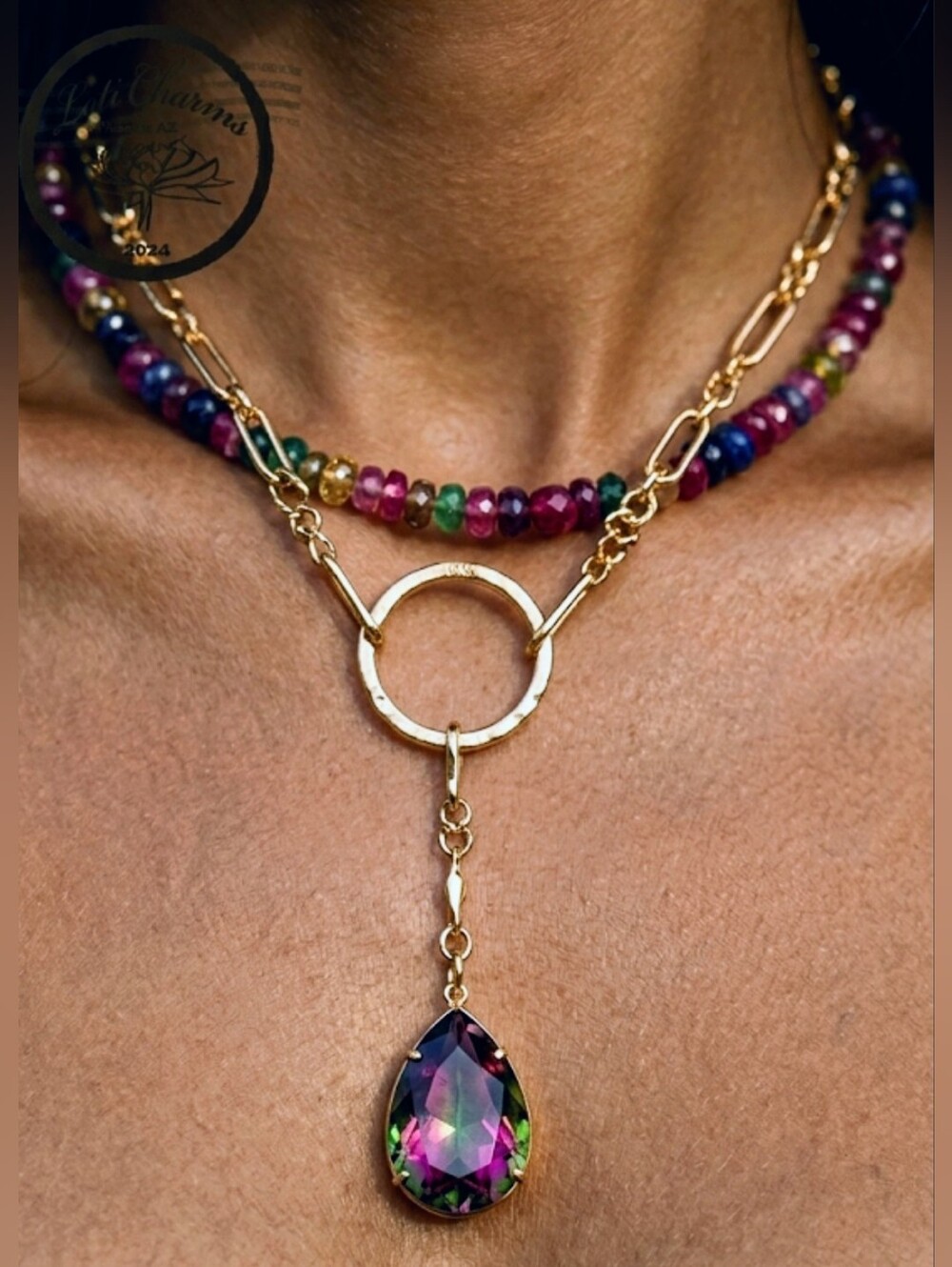 Pink & Green Tourmaline W/ Large Volcano Crystal Pendant in 2-Strand GP Necklace